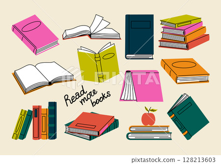 Set of different positions of books in coloful covers in a retro cartoon style. Read more books. Open and closed books, stacks of books. Collection for book lovers. Hand drawn educational vector art. Set of different positions of books in coloful covers in a retro cartoon style. Read more books. Open and closed books, stacks of books. Collection for book lovers. Hand drawn educational vector art. 128213603