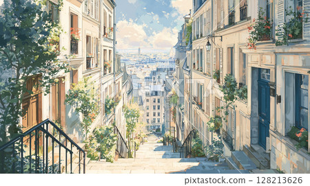 Montmartre slopes and view of Paris 128213626