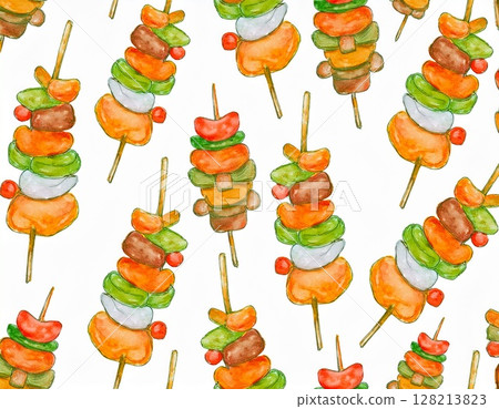 Watercolor style cute yakitori pattern background Watercolor style cute yakitori pattern background 128213823