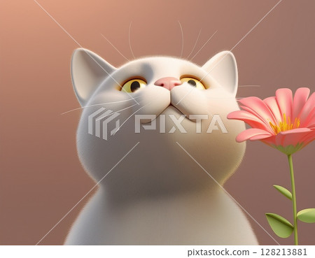 一隻可愛的貓正在聞花香 128213881