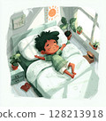 Peaceful baby boy sleeping with eyes closed in a bright, white, sunlit bedroom. Dressed in soft, neutral tones, he rests comfortably in a cozy setting filled with natural light. The calm, minimalist . 128213918
