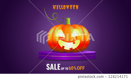 Halloween sale promo banner template offer design. Festive creepy design poster website. Vector illustration. 128214171