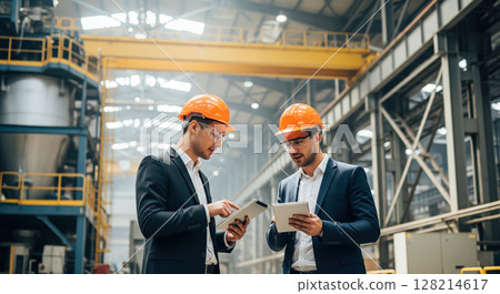 Engineers using tablets while standing beside large industrial machinery. The concept of smart manufacturing, digital engineering, and real-time monitoring in modern industry. Generative AI. 128214617