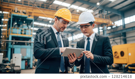 Engineers using tablets while standing beside large industrial machinery. The concept of smart manufacturing, digital engineering, and real-time monitoring in modern industry. Generative AI. 128214618