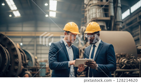 Engineers using tablets while standing beside large industrial machinery. The concept of smart manufacturing, digital engineering, and real-time monitoring in modern industry. Generative AI. 128214620