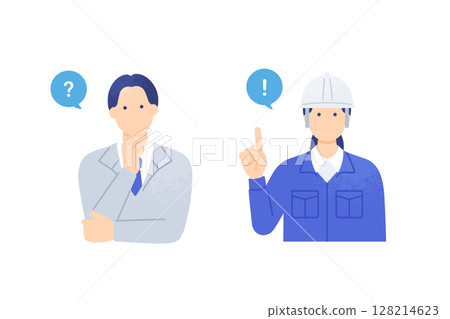 解決建築業的問題向量插圖：一個正在思考的工人和一個現場主管提出了一個想法 128214623