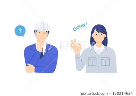 在建築工地工作的男女 一個想法誕生的那一刻 問題解決的向量插圖 在建築工地工作的男女 一個想法誕生的那一刻 問題解決的向量插圖 128214624