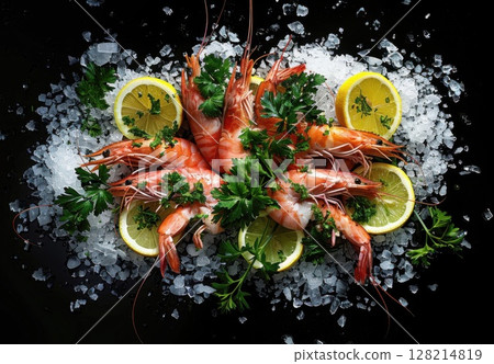 Top view of giant shrimp with lemons and fresh greenery on ice cubes, black background. Top view of giant shrimp with lemons and fresh greenery on ice cubes, black background. 128214819