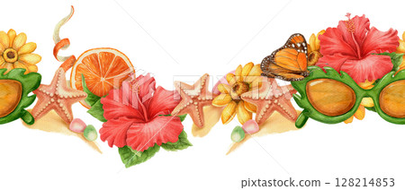 Seamless border with butterfly sunglasses and tropical flower in vibrant summer theme. Hand drawn watercolor art with red green and orange details. Perfect for card design holiday and travel vibe. Seamless border with butterfly sunglasses and tropical flower in vibrant summer theme. Hand drawn watercolor art with red green and orange details. Perfect for card design holiday and travel vibe. 128214853