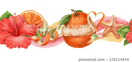 Seamless tropical border with ice cream fruit and starfish in bright summer theme. Hand drawn watercolor in red and orange tones. Perfect for holiday card design or beach decor and food illustration. Seamless tropical border with ice cream fruit and starfish in bright summer theme. Hand drawn watercolor in red and orange tones. Perfect for holiday card design or beach decor and food illustration. 128214854