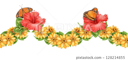 Curved seamless summer border with sunflower hibiscus and monarch butterfly. Hand drawn watercolor in vivid yellow red and green. Perfect for card design decoration and seasonal holiday template. 128214855