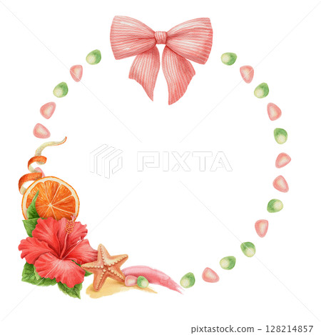 Round watercolor wreath with red hibiscus flower sea glass and starfish. Hand drawn summer design in vivid tones. Great for tropical card template holiday artwork and seasonal nature illustration. Round watercolor wreath with red hibiscus flower sea glass and starfish. Hand drawn summer design in vivid tones. Great for tropical card template holiday artwork and seasonal nature illustration. 128214857