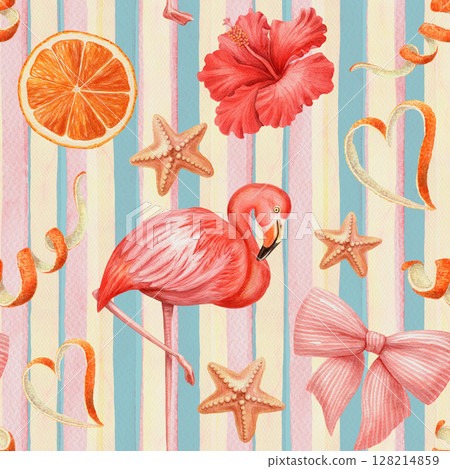 Seamless pattern with flamingo hibiscus and starfish in watercolor trendy style. Pink tropical illustration on striped background. Perfect for summer fabric or wallpaper and romantic decorative print. 128214859