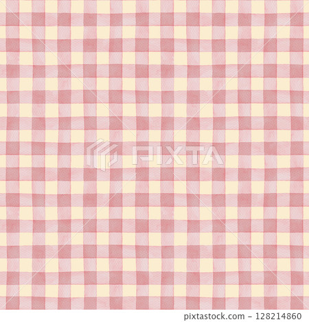 Pink gingham watercolor seamless pattern on butter yellow background. Hand drawn textile design with simple brush texture and bright color. Ideal for summer fabric or wallpaper and creative project. 128214860