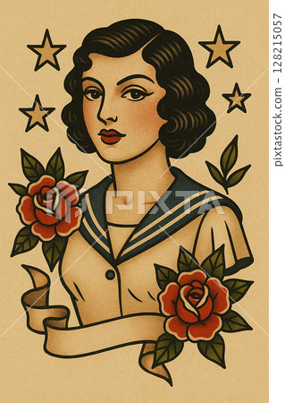 Elegant woman illustration in American traditional style 128215057