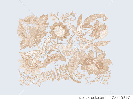 Fantasy flowers in retro, vintage, jacobean embroidery style 128215297