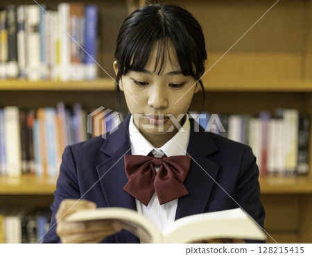High school girl reading a book | Serious expression studying in a quiet library 128215415