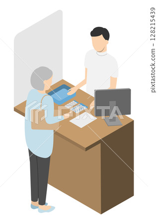 A male pharmacist giving medication instructions to an elderly person at the counter 3 128215439