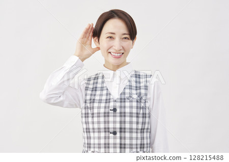 Female office worker listening gesture white background Female office worker listening gesture white background 128215488