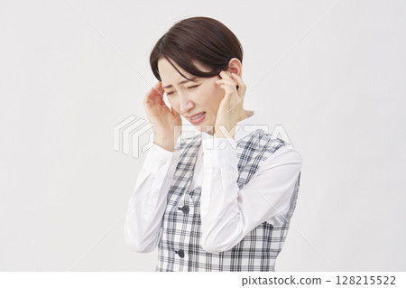 Female office worker headache white background 128215522