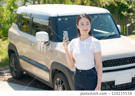 一名二十多歲的女子站在一輛汽車前 一名二十多歲的女子站在一輛汽車前 128215539