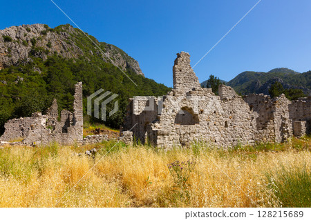 Landscape of the ancient city of Olympos. With remaining ruins of walls. Turkey 128215689