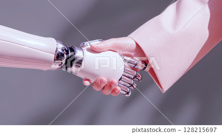 人工智慧與人類(女性)握手的特寫鏡頭 人工智慧與人類(女性)握手的特寫鏡頭 128215697