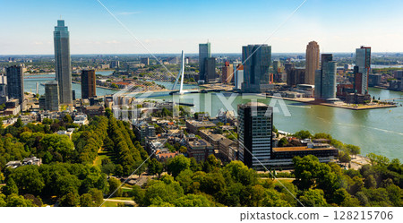 Summer Rotterdam cityscape with modern high-rise buildings and Erasmus bridge 128215706