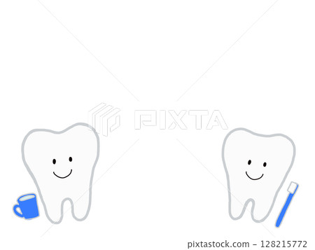 A cute illustration frame of a tooth character holding a toothbrush and a cup (for headings and titles) 128215772