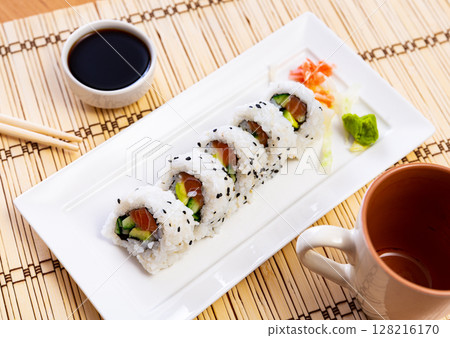 Sake roll with salmon, avocado and cucumber 128216170