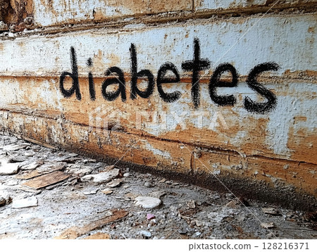 Graffiti on a wall depicting the word diabetes in an abandoned space  128216371