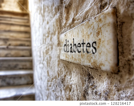 Diabetes awareness sign on a textured wall near stairs  128216417