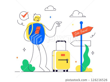 Solo Travel Vector Illustration Featuring a Character Traveling Alone for Outdoor Relaxation, Vacation Activities, and an Adventurous Lifestyle Solo Travel Vector Illustration Featuring a Character Traveling Alone for Outdoor Relaxation, Vacation Activities, and an Adventurous Lifestyle 128216526