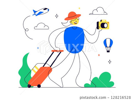 Solo Travel Vector Illustration Featuring a Character Traveling Alone for Outdoor Relaxation, Vacation Activities, and an Adventurous Lifestyle Solo Travel Vector Illustration Featuring a Character Traveling Alone for Outdoor Relaxation, Vacation Activities, and an Adventurous Lifestyle 128216528