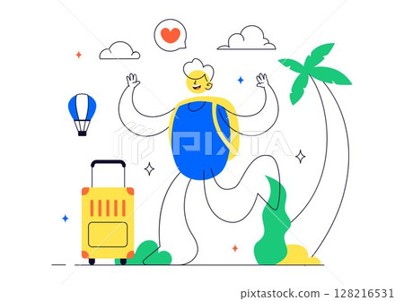 Solo Travel Vector Illustration Featuring a Character Traveling Alone for Outdoor Relaxation, Vacation Activities, and an Adventurous Lifestyle Solo Travel Vector Illustration Featuring a Character Traveling Alone for Outdoor Relaxation, Vacation Activities, and an Adventurous Lifestyle 128216531