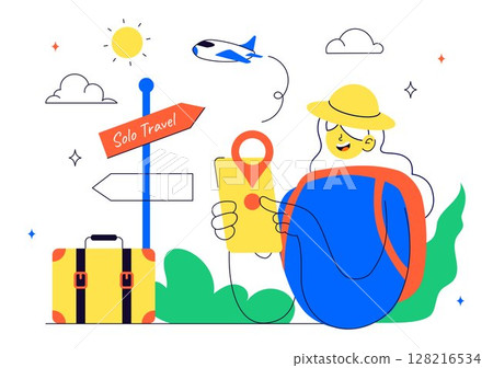 Solo Travel Vector Illustration Featuring a Character Traveling Alone for Outdoor Relaxation, Vacation Activities, and an Adventurous Lifestyle Solo Travel Vector Illustration Featuring a Character Traveling Alone for Outdoor Relaxation, Vacation Activities, and an Adventurous Lifestyle 128216534