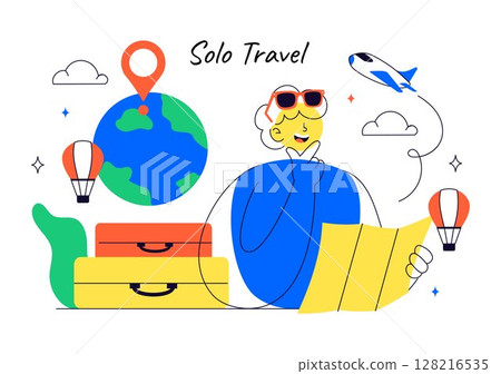 Solo Travel Vector Illustration Featuring a Character Traveling Alone for Outdoor Relaxation, Vacation Activities, and an Adventurous Lifestyle 128216535