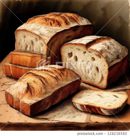 an AI Image Generator, Rustic Freshly Baked Bread Loaf with Woode 128216583