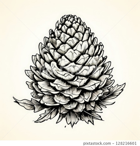 an AI Image Generator, Detailed Black-White Pinecone Line Drawing Illustration 128216601