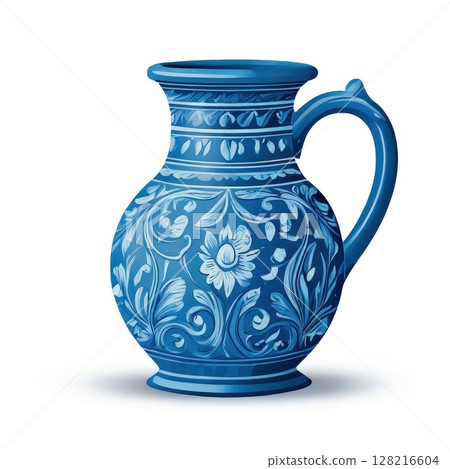 an AI Image Generator, Elegant Blue Ceramic Vase with Intricate Floral Embellishments an AI Image Generator, Elegant Blue Ceramic Vase with Intricate Floral Embellishments 128216604
