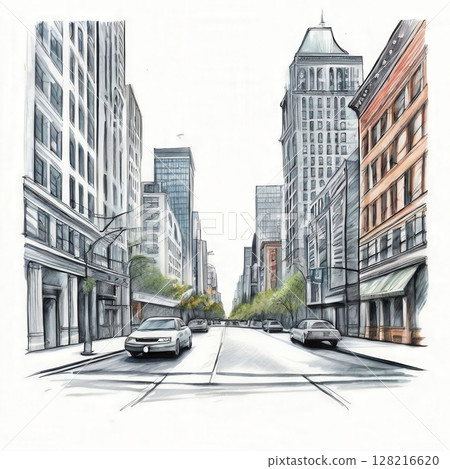 an AI Image Generator, Illustration of a Vibrant Urban Street in Artistic Modern Style 128216620