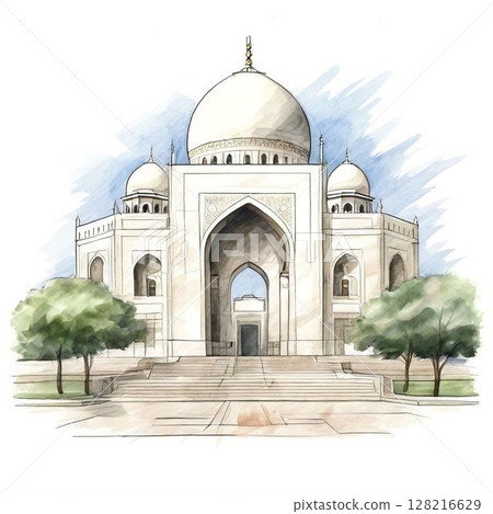 an AI Image Generator, Watercolor Illustration of the Majestic Taj Mahal in India 128216629