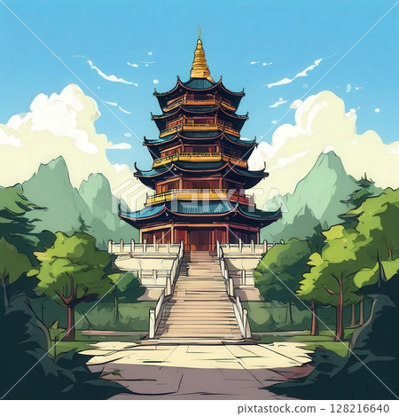 an AI Image Generator, Traditional Pagoda Amidst Lush Greenery on a Clear 128216640