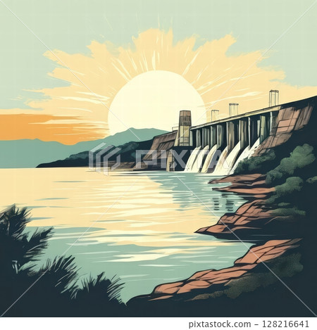 an AI Image Generator, Idyllic Landscape Featuring a Hydroelectric Dam Amid 128216641