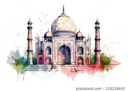 an AI Image Generator, Watercolor Illustration of the Majestic Taj Mahal in India 128216642