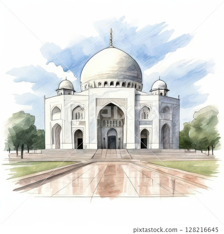 an AI Image Generator, Watercolor Illustration of the Majestic Taj Mahal in India an AI Image Generator, Watercolor Illustration of the Majestic Taj Mahal in India 128216645