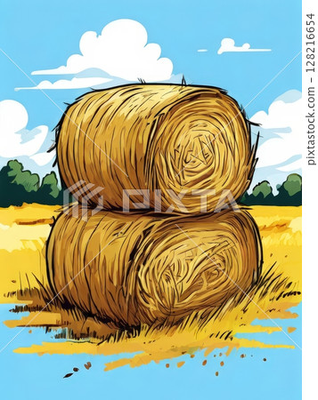 an AI Image Generator, Illustrated Straw Bale in a Peaceful Rural Wheat Field 128216654