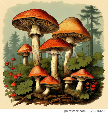 the AI Image Generator, Illustrated Forest Scene Featuring Vibrant Red Mushrooms Among Green Foliage 128216655