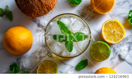 Overhead view of tropical cocktail with mint and ice cubes in glass surrounded by coconut lime orange and lemon on marble surface captures summer freshness and exotic drink atmosphere 128216963
