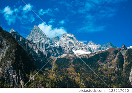 Majestic Snow-Capped Mountain Peaks under a Blue Sky at Balagezong 128217030